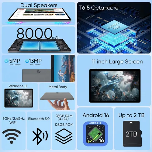 Miniatura 2 de TUOHAITIME Tablet Android 16 actualizada 2026, tabletas Android de 11 pulgadas, 28 GB+128 GB+1 TB expandir, compatible con desbloqueo facial+carga