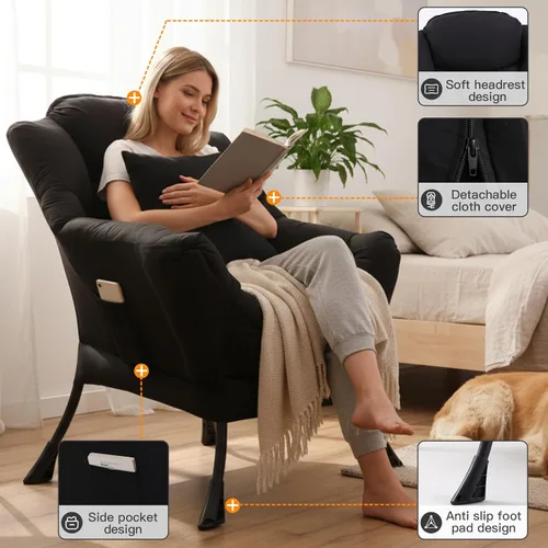 Miniatura 2 de Silla perezosa para sala de estar, silla decorativa grande negra con una almohada, juego de sofá de ocio, cómoda silla de lectura para dormitorio