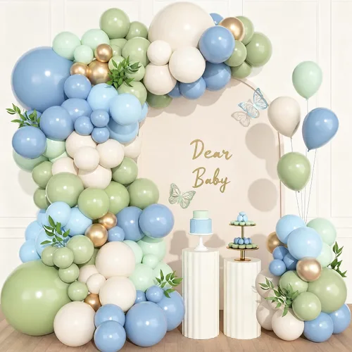 Miniatura 12 de Ouddy Life Kit de arco de guirnalda de globos de color azul polvoriento, 157 unidades, globos de confeti de color azul metálico y blanco