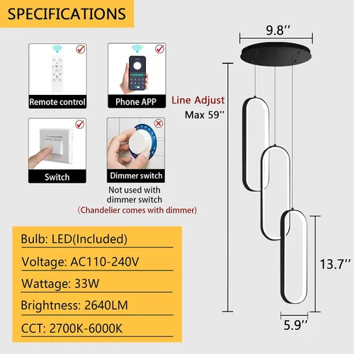 Miniatura 2 de Lámpara de Araña de Anillo Moderna LED Regulable Luz de Techo para Isla de Cocina Sala de Estar Escaleras Comedor Negro