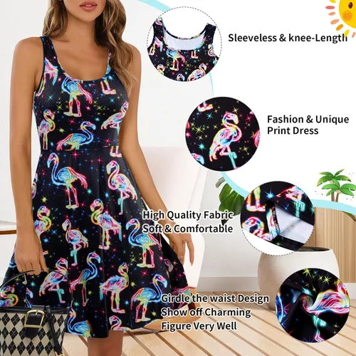 Miniatura 9 de uideazone - Vestido de mujer sin mangas cuello redondo de verano, para playa, casual, Midi línea A.
