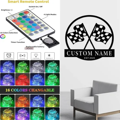 Miniatura 6 de Letrero de metal personalizado con bandera de carreras a cuadros, arte de pared de metal personalizado, letrero de nombre con monograma de bandera a