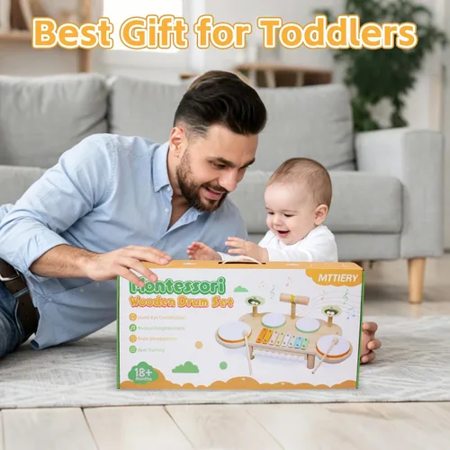 Miniatura 8 de Juego de batería para niños pequeños, instrumentos musicales de madera para bebés de 1 a 3 años, juego de mesa de actividades musicales con piano