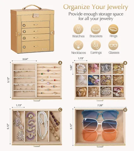Miniatura 66 de Homde Regalos de Navidad de cuero sintético, enorme joyero, organizador de reloj con espejo, collar, anillo y aretes, estuche de regalo con Dorado