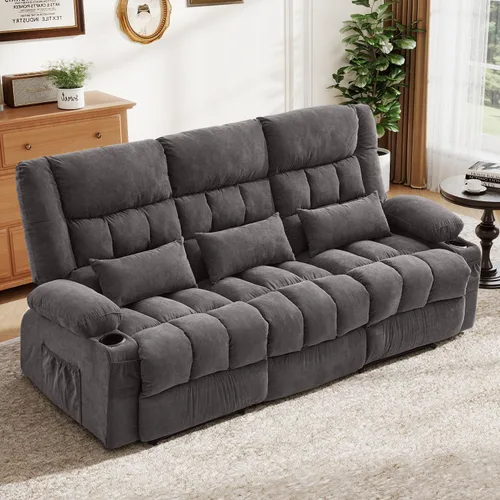 Miniatura 14 de BOSMILLER Sofá reclinable con portavasos para sala de estar, sofá manual de 3 asientos, reclinable con bolsillo lateral