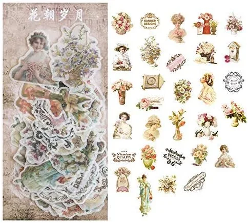 Pegatinas para kit de álbumes de recortes, diseño de niña de flores, diario, diario, diario, suministros decorativos, 60 unidades por paquete 10