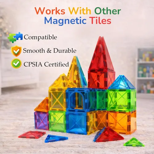 Miniatura 8 de LATI Juego de iniciación de azulejos magnéticos para niños, bloques de construcción magnéticos para principiantes para aprendizaje temprano, 2D