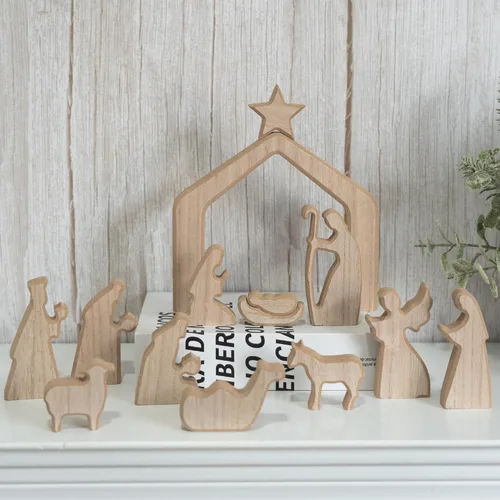 Miniatura 8 de NEROSUN - Juego de escenas de la Natividad, 13 figuras de madera en miniatura de la Sagrada Familia y el pesebre, figuras minimalistas, bohemias