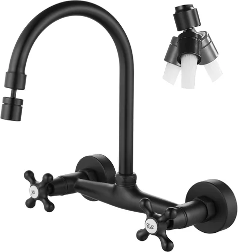 Miniatura 10 de Airuida Grifo de cocina de montaje en pared con rociador, grifo de fregadero de cocina montado en la pared, asas dobles cruzadas, boquilla giratoria