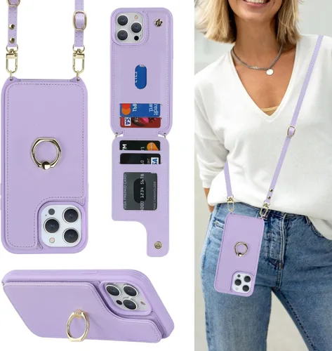 Miniatura 22 de Lipvina Funda para iPhone 14 Plus con tarjetero y correa para mujer, cordón cruzado, bloqueo RFID, soporte de anillo de soporte, cierre a presión