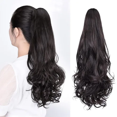 Miniatura 24 de Extensiones de cola de caballo, extensiones de cabello rizado con clip de garra de color marrón oscuro para mujer, peluca sintética de cola
