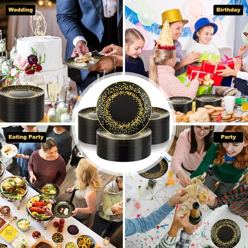 Miniatura 7 de Hsei 100 platos de plástico negros y dorados a granel desechables para Halloween, platos redondos de postre para cenas, bodas, cumpleaños, Navidad