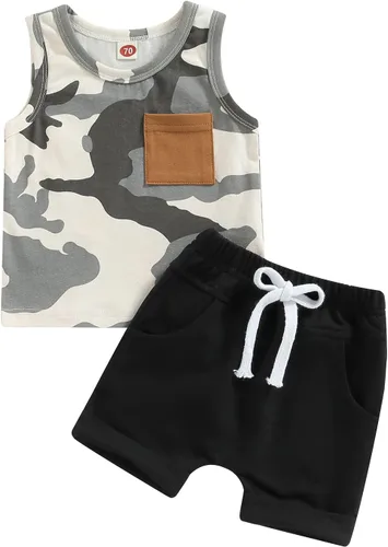 Conjunto de verano para bebé niño, a rayas, sin mangas, pantalones cortos elásticos casuales con bolsillo, ropa linda para recién nacido