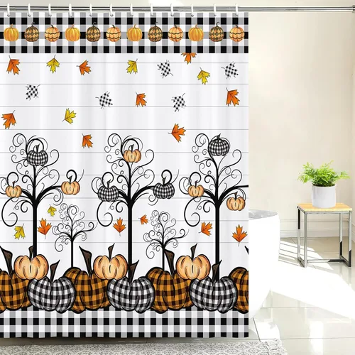Miniatura 2 de GOOESING Cortinas de ducha de calabaza a cuadros otoñales, calabazas de otoño, hojas de arce, cortina de baño impermeable para baño, juego