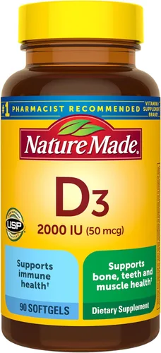 Nature Made Vitamina D3 2000 UI (50 mcg), suplemento de vitamina D para el apoyo a la salud de los huesos, dientes, músculos y sistema inmunológico,