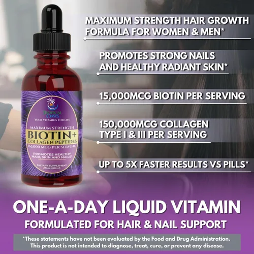 Miniatura 4 de Gotas de biotina líquida y colágeno de máxima potencia, 165,000 mcg, vitaminas para el crecimiento del cabello para mujeres y hombres, apoya un
