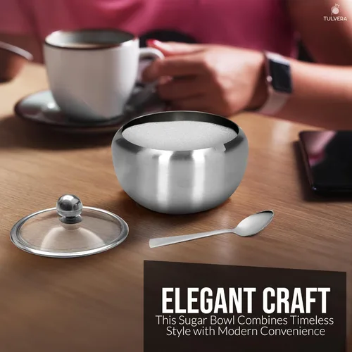 Miniatura 7 de Azucarero con tapa y cuchara Recipiente de azúcar de 12oz para barra de café Frasco portasal de acero inoxidable para sal, té, caramelos, azúcar