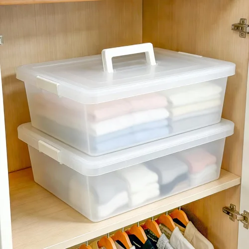 Miniatura 4 de Paquete de 4 cajas apilables de plástico de 25 litros con tapas, contenedor para organizar zapatos y manualidades en estantes de armario, garaje