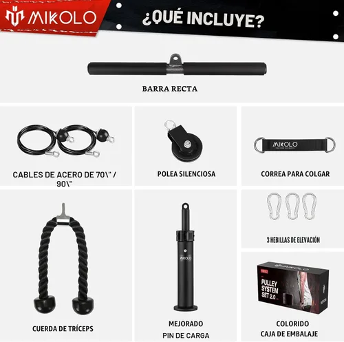 Miniatura 2 de Mikolo - Sistema fitness para musculación del tren superior, máquina de cable doble (1,8 m y 2,30 m) con pasador de carga mejorado para extensión