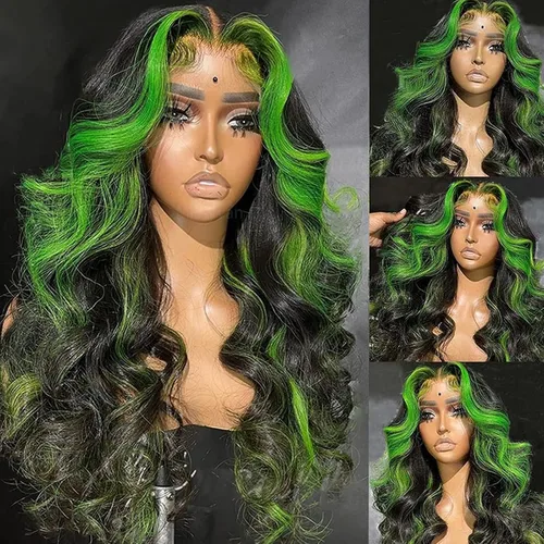 Missyvan - Pelucas de encaje frontal verde para mujeres, ondas corporales, con detalles en negro y verde, tiras de rayas de zorrillo, sin pegamento,