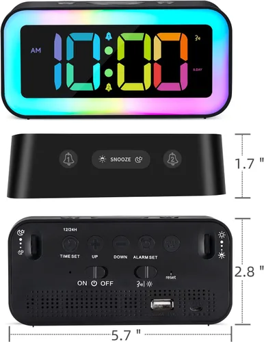 Miniatura 4 de Cadmos Reloj despertador fuerte para dormitorios con luz nocturna RGB dinámica, para adultos que duermen profundamente, doble alarma, atenuador