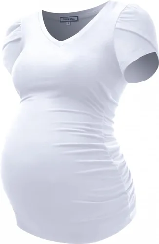 GINKANA Camiseta de maternidad con manga corta de pétalo, cuello en V, con laterales fruncidos, informal, básica, túnica para embarazo