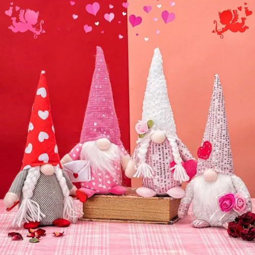 Decoración de gnomo de San Valentín de elfo de peluche – 4 gnomos suecos hechos a mano de peluche de elfo escandinavo Tomte – Adorno de mesa para el