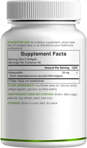 Miniatura 6 de DEAL SUPPLEMENT Astaxantina 24 mg por porción (12 mg por cápsula), 120 cápsulas blandas – Microalgas de doble potencia – Suplementos antioxidantes