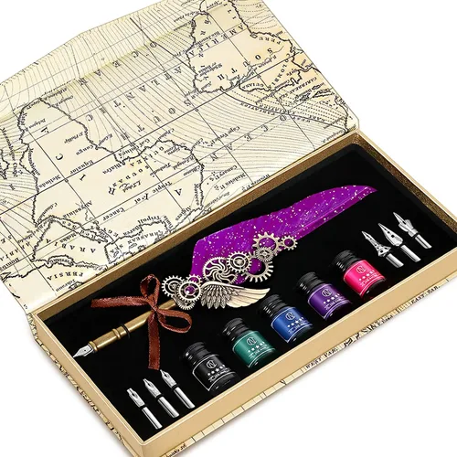 Miniatura 10 de NC Juego de tinta de plumas, incluye 5 botellas de tinta y 6 puntas reemplazables, bolígrafo mecánico para escribir, letras, diario, firma, Azul