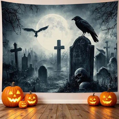 Miniatura 3 de EOBTAIN Scary Halloween Tapestry Gothic Black Crow Skull in Horror Graveyard Tapestry Wall Hanging Spooky Raven under Misty Full Moon Night Wall Art