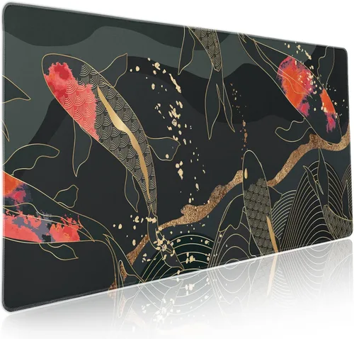 Miniatura 9 de Alfombrilla de mouse para juegos XL japonesa en negro y rojo con arte de peces koi, textura dorada, anime, borde cosido, base de goma antideslizante