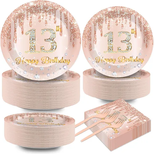 200 piezas de platos, servilletas y cubiertos de Rose Gold para fiesta de cumpleaños número 13, juego de vajilla rosa para la feliz decoración de