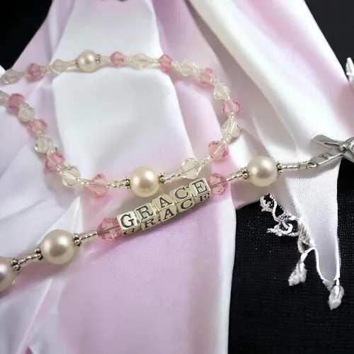 Miniatura 5 de Bow Flip Flops Pink Name Rosary with Crystals and Pearls, Girl Boy Baptism