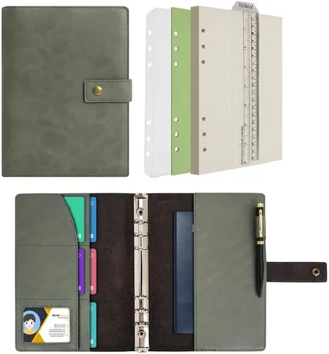 Miniatura 9 de WONDERPOOL Cuaderno de cuero recargable, cuaderno en espiral, carpeta de carpetas de diario A5 con puntos y bolsillos interiores para viajes, Marrón