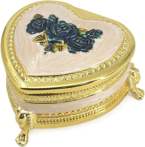 Miniatura 22 de ROSIKING Caja de música de aleación de metal en relieve en forma de corazón azul, caja musical antigua para joyería con cuerda, regalos