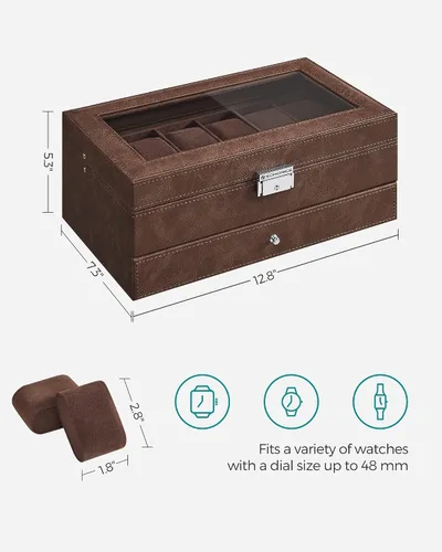 Miniatura 50 de SONGMICS UJWB012 - Caja de reloj de 12 ranuras, caja de reloj con cerradura con tapa de vidrio, 2 capas, con 1 cajón para anillos, pulseras, idea