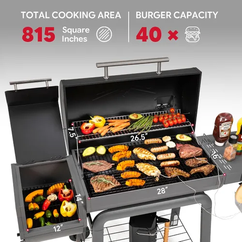 Miniatura 3 de Feasto - Parrilla de carbón resistente de 30 pulgadas, control digital de temperatura y 2 sondas para carne Outdoor BBQ Grill with Offset Smoker