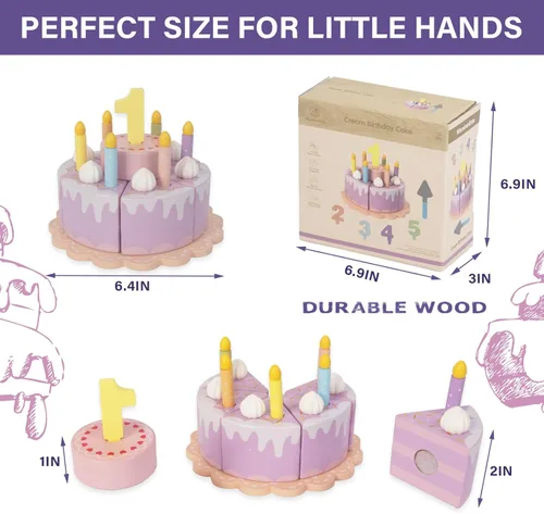 Miniatura 4 de Comida de juego de simulación para niños pequeños de 2 a 5 años, pastel falso de cumpleaños de madera con velas y números, fiesta de té, juguetes