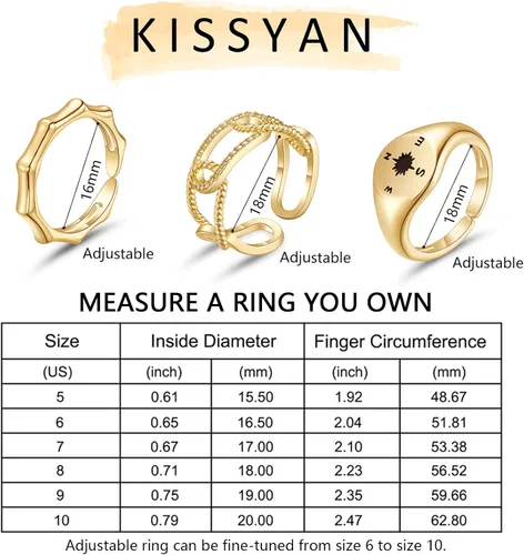Miniatura 7 de KissYan Juego de anillos de oro para mujer, chapados en oro de 14 quilates, apilables, abiertos, con sello trenzado, ajustable, delicado, joyería