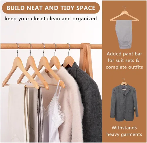 Miniatura 5 de Paquete de 10 perchas de madera antideslizantes con gancho giratorio de 360° y muescas, perchas sólidas y delgadas para camisa, traje, chaqueta