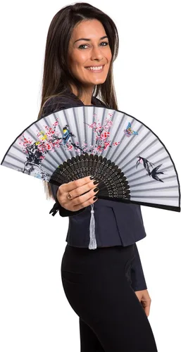 Miniatura 3 de Zonon Paquete de 4 Abanicos Plegables Florales de Mano, Abanicos de Bambú de Seda Sostenidos a Mano con Borla para Mujeres, Abanico Plegable de Mano