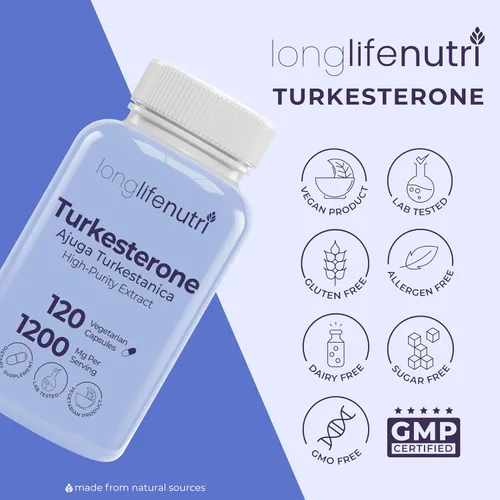 Miniatura 8 de LongLifeNutri Turkesterone 1200mg - Ajuga Turkestanica de alta pureza para fuerza, recuperación y crecimiento muscular, 120 cápsulas vegetarianas