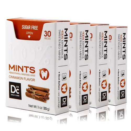 DC24 DAILY CARE 100% menta de canela de eritritol, menta de aliento sin azúcar, bajo en calorías, sin aspartamo, keto, 30 unidades, paquete de 4