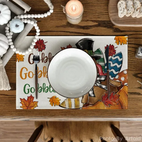 Miniatura 2 de Artoid Mode Gobble - Juego de 6 manteles individuales de pavo y hojas de arce de Acción de Gracias, 12 x 18 pulgadas, para decoración de fiestas