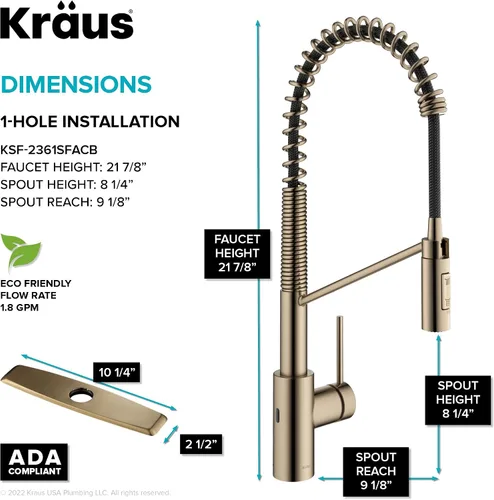 Miniatura 4 de KRAUS Oletto - Grifo de cocina comercial monomando extraíble, con sensor sin contacto y con montaje superior QuickDock, en bronce champán antiguo