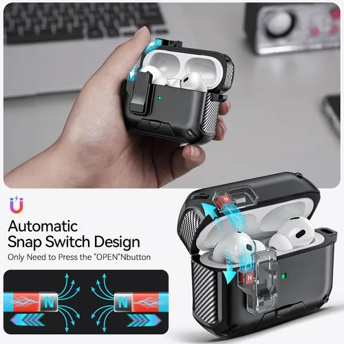 Miniatura 3 de Funda para AirPods Pro 2 (2023/2022/2019) con soporte para teléfono, (con interruptor a presión automático), diseño de fibra de carbono, cubierta