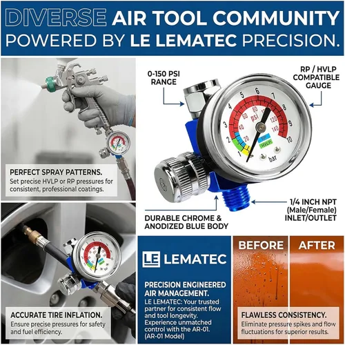 Miniatura 9 de LE LEMATEC Regulador de compresor de aire y válvula de control de flujo con manómetro - para herramientas neumáticas, pintura en aerosol, inflado