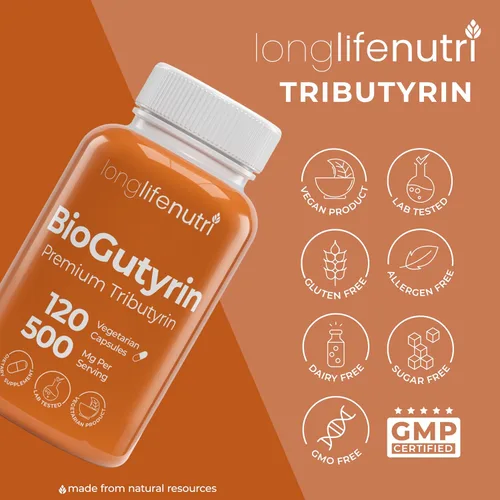 Miniatura 7 de BioGutyrin - Tributirina 500 mg, suplemento postbiótico para la función intestinal y absorción de nutrientes, 120 cápsulas vegetarianas, ácido