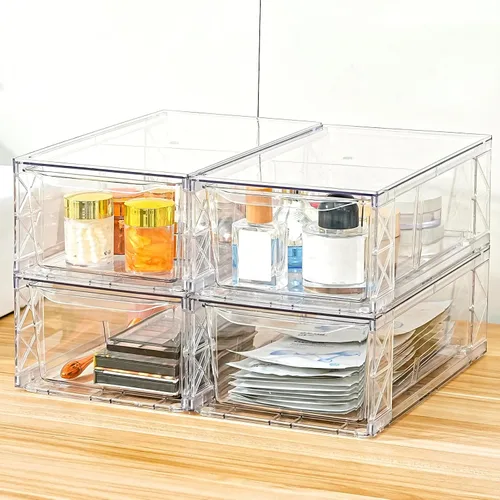 Paquete de 4 cajones de almacenamiento acrílicos, cajones de almacenamiento apilables transparentes, cajones organizadores de acrílico para debajo