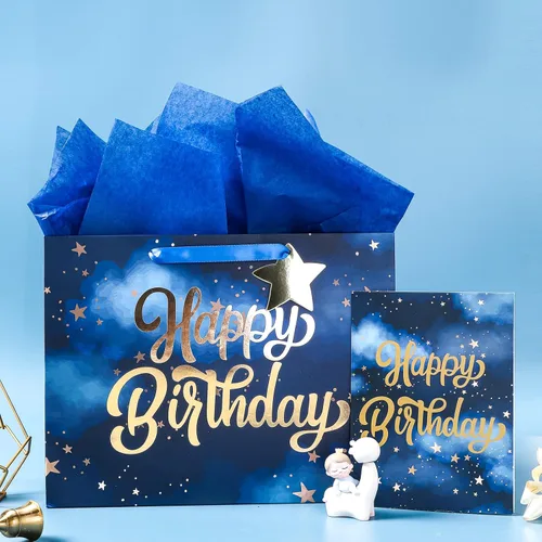 Miniatura 5 de WRAPAHOLIC Bolsa de regalo grande de 13 pulgadas con tarjeta y papel de seda, papel de estrella azul marino dorado feliz cumpleaños Azul marino